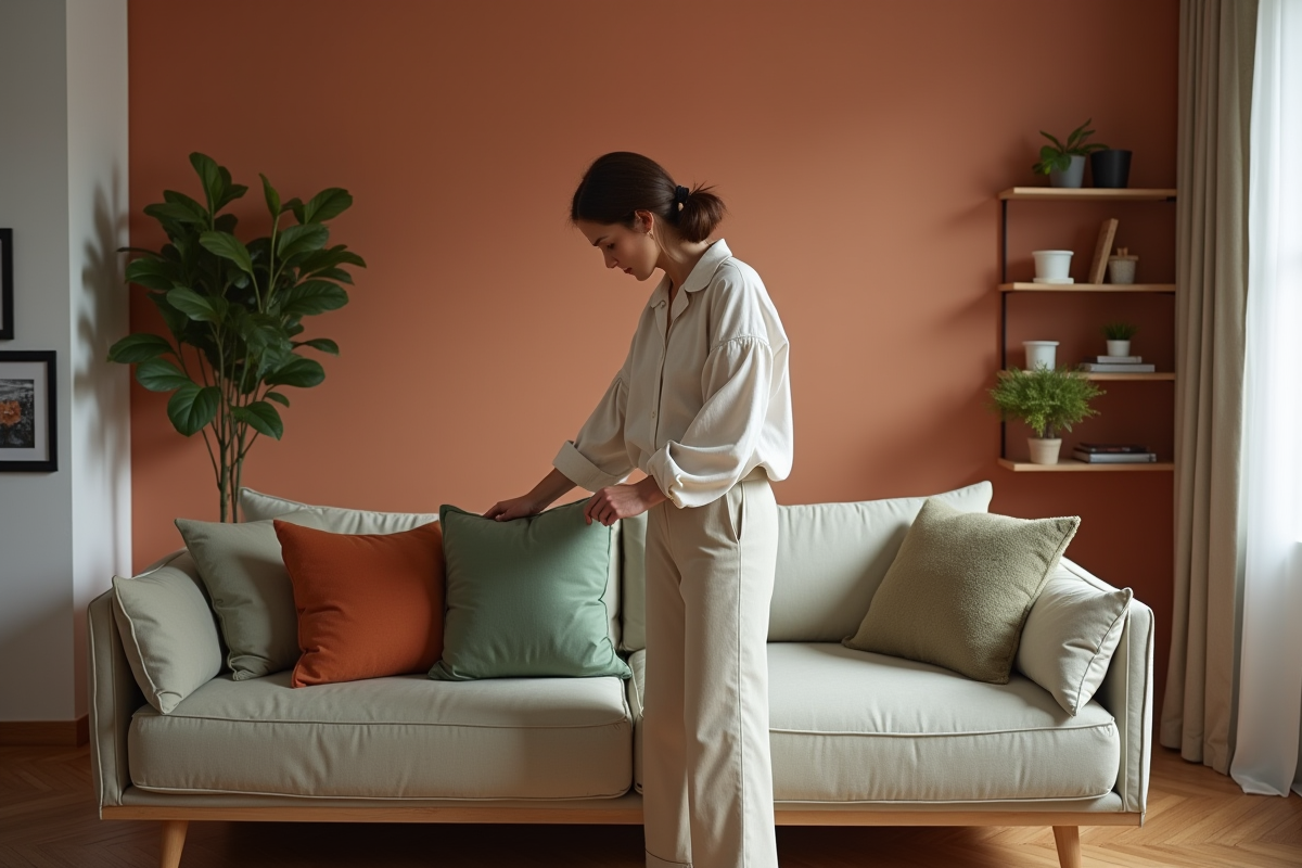 Femme arrangeant des oreillers en lin dans un salon moderne