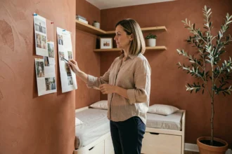 Décoratrice intérieure en consultation dans un petit studio parisien optimisé avec rangements intégrés et palette chaude