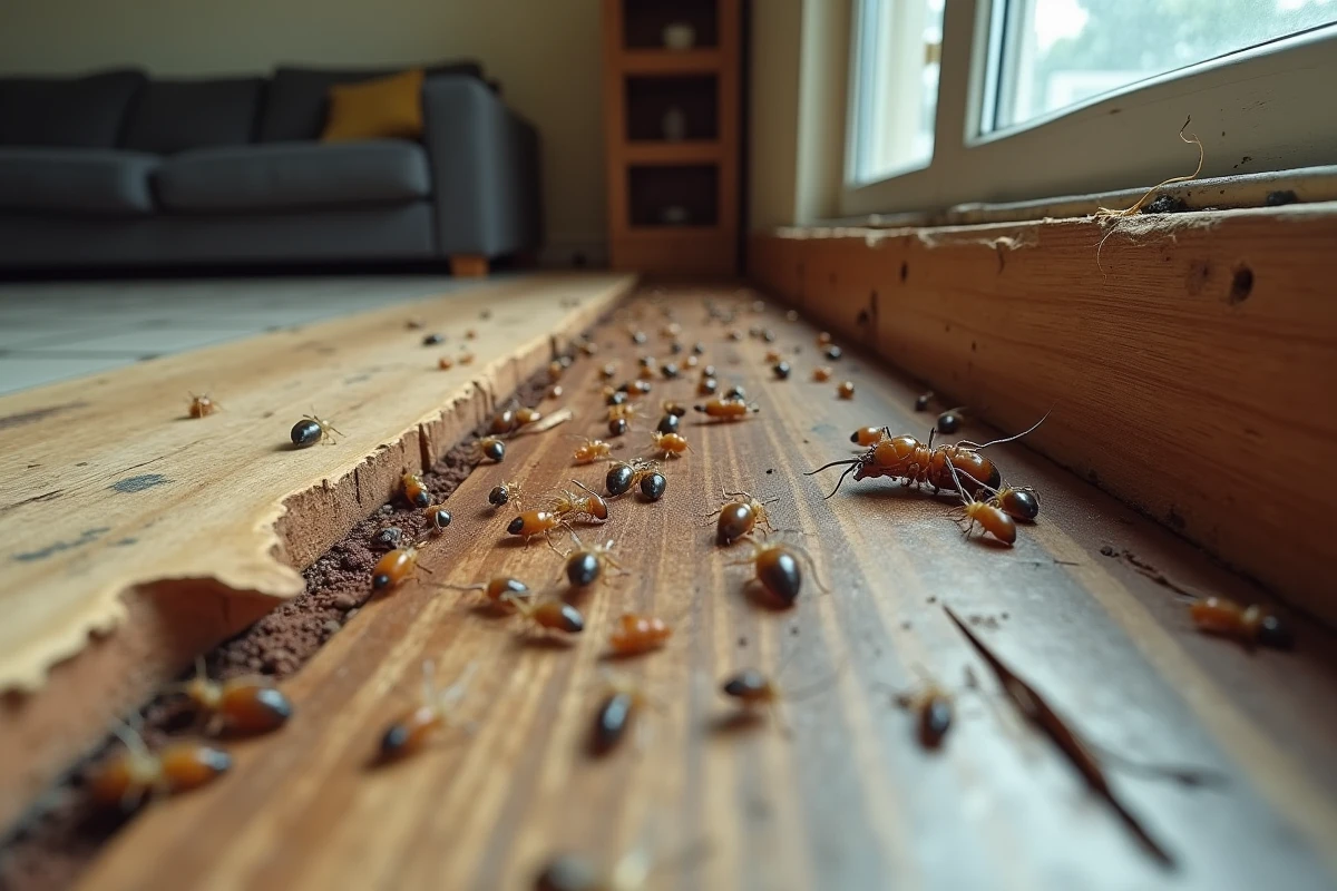 Dégâts de termites sur un plancher en bois d'un logement avec ailes de termites volants dispersées près de la plinthe après un essaimage