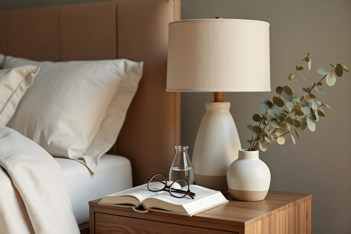 Détail de table de nuit en bois recyclé avec vase en grès, carafe en verre et lampe en lin dans une chambre parentale naturelle