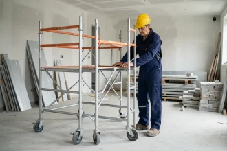 Ouvrier inspectant un échafaudage roulant en aluminium dans un chantier intérieur de rénovation