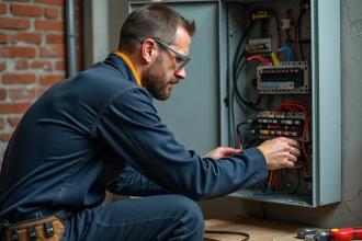 Électricien professionnel installant un câblage araignée flexible dans un tableau électrique industriel
