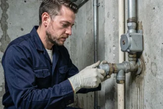 Électricien appliquant du gel isolant étanche sur un raccord de conduit dans une cave humide
