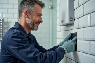 Électricien installant une prise électrique IP44 dans une salle de bain carrelée, indice de protection contre l'eau et la poussière