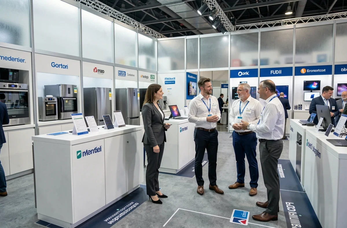 Stand de salon professionnel présentant des appareils Elsay en compétition face aux marques Samsung et Bosch lors d'un événement commercial