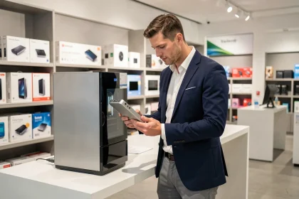 Homme analysant un appareil électroménager de la marque Elsay dans un showroom moderne face à des produits Samsung et Bosch