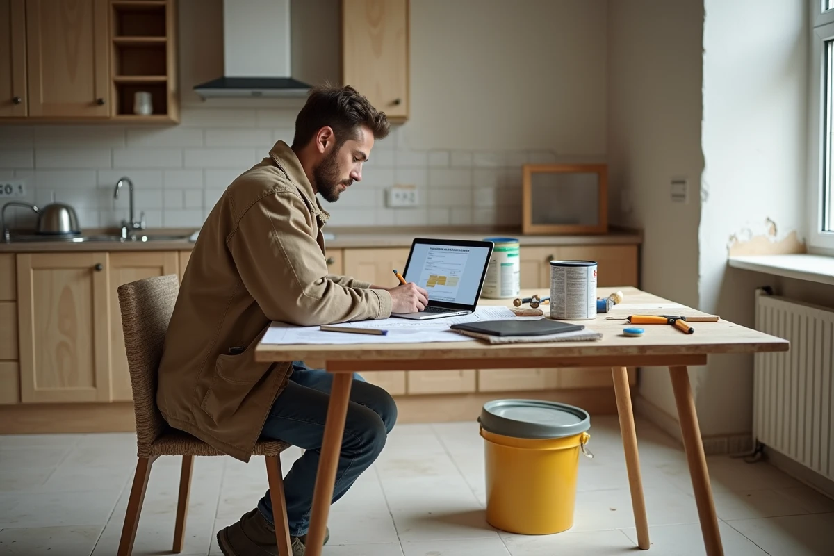 Entrepreneur en rénovation rédigeant un devis de travaux dans une cuisine en cours de rénovation