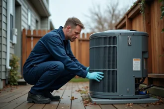 Technicien HVAC inspectant l'unité externe d'une thermopompe IDS 2.0 dans une cour résidentielle en automne