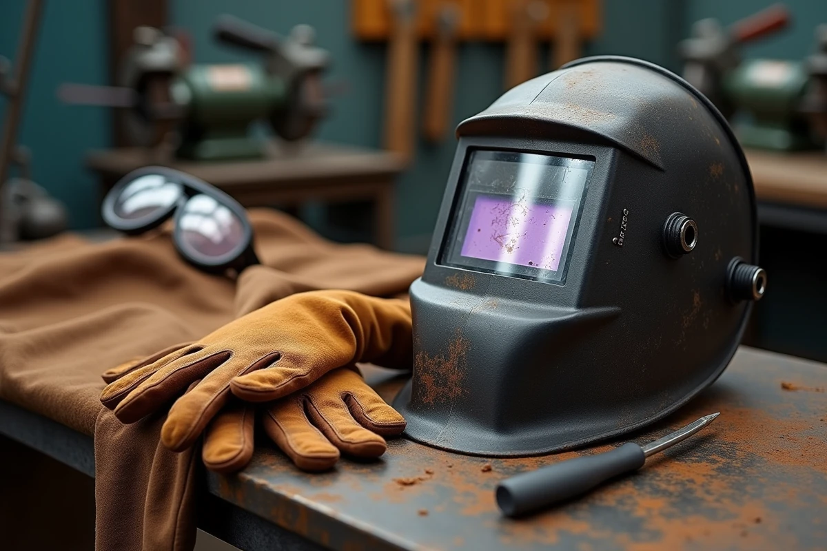 Équipements de protection individuelle pour la soudure disposés sur un établi en acier : casque, gants et tablier ignifugé