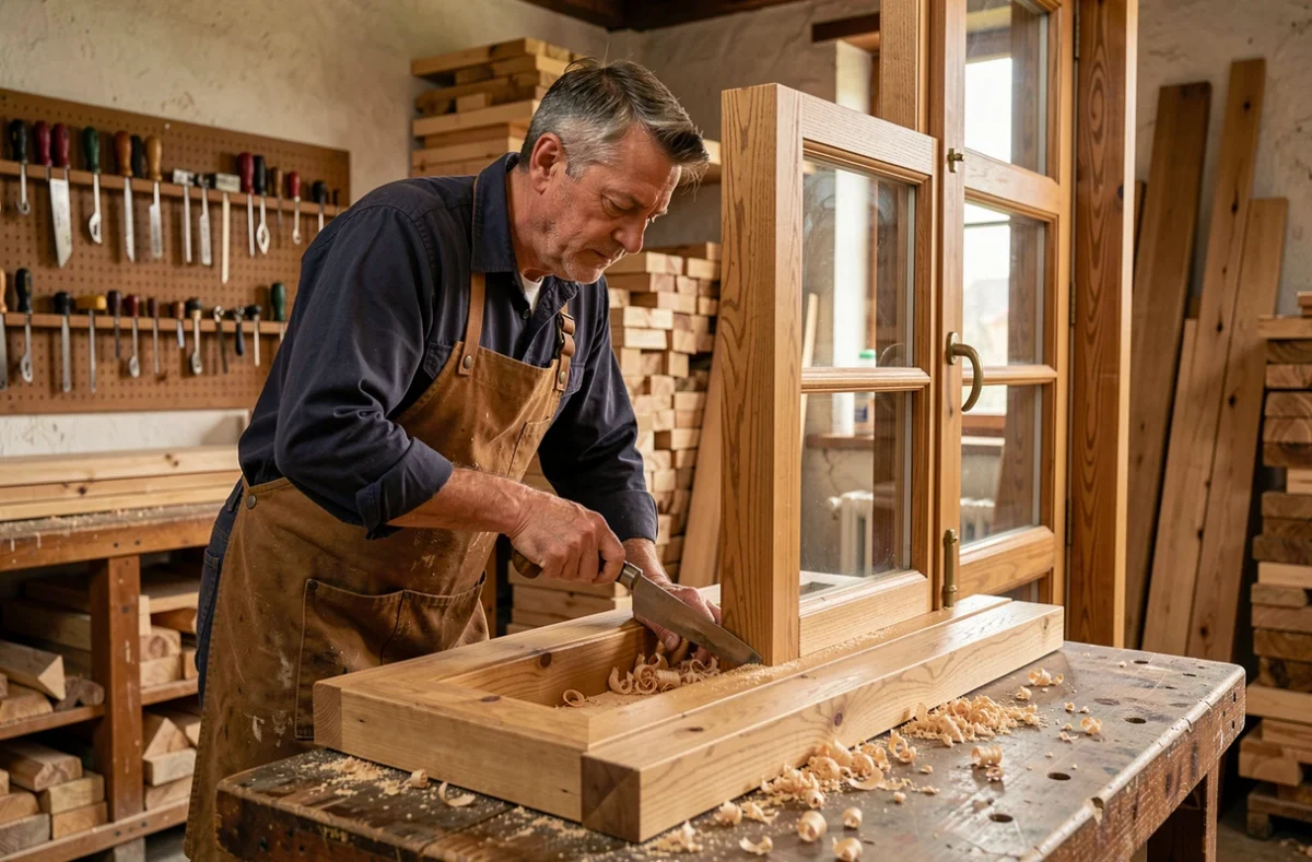 Menuisier des Établissements Pierre Marquis travaillant un cadre en bois dans un atelier vosgien