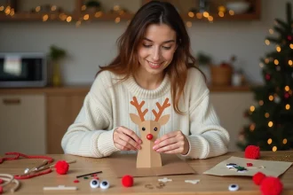 Femme assemblant une décoration de renne en papier cartonné avec des pompons rouges et des cure-pipes sur une table en bois entourée de matériaux de bricolage de Noël