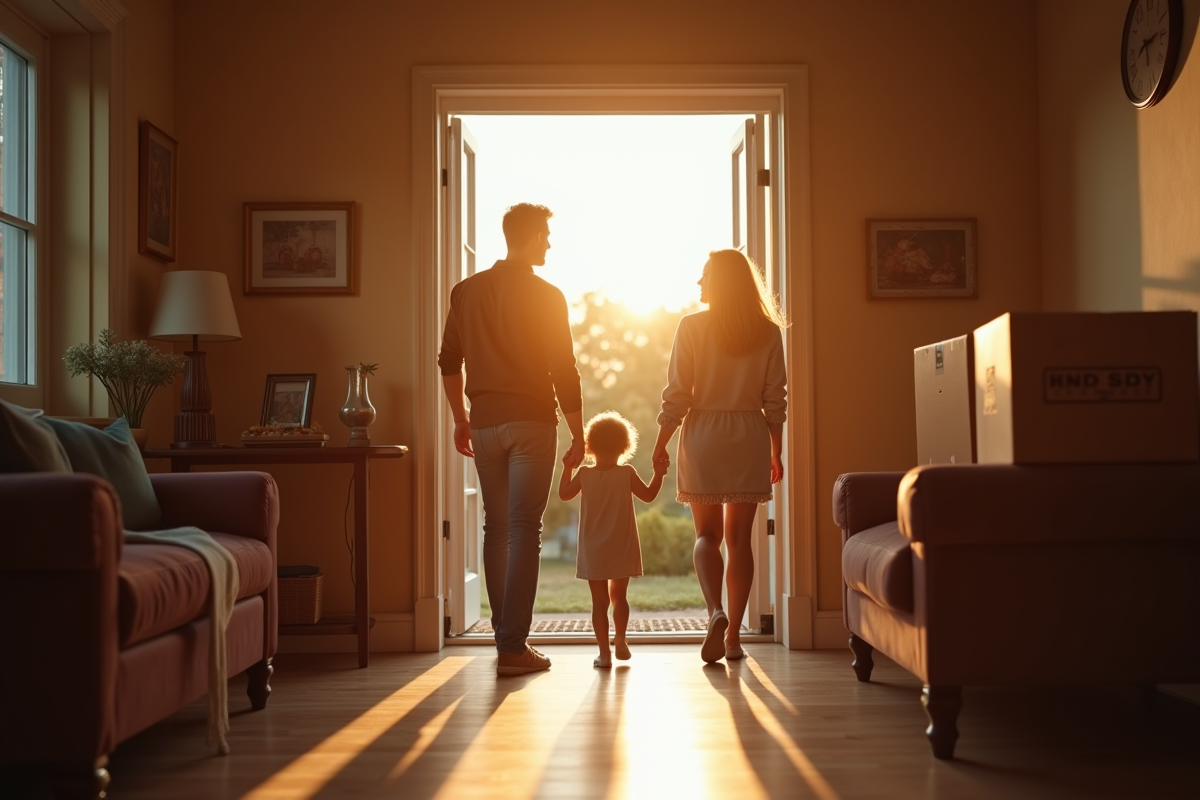 Famille quittant la maison avec cartons et enfant regardant dehors