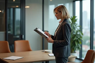 Femme d affaires vérifiant un inventaire de mobilier de bureau