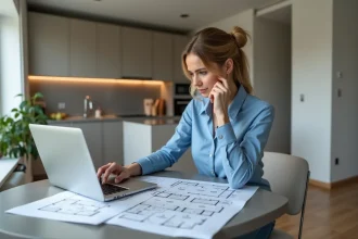 Femme examinant des plans dans une cuisine en rénovation