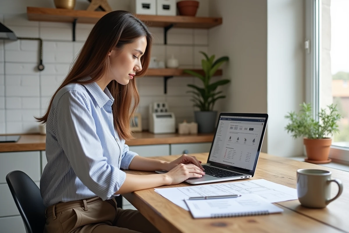 Femme primo-accédante comparant des devis de rénovation en ligne depuis son domicile