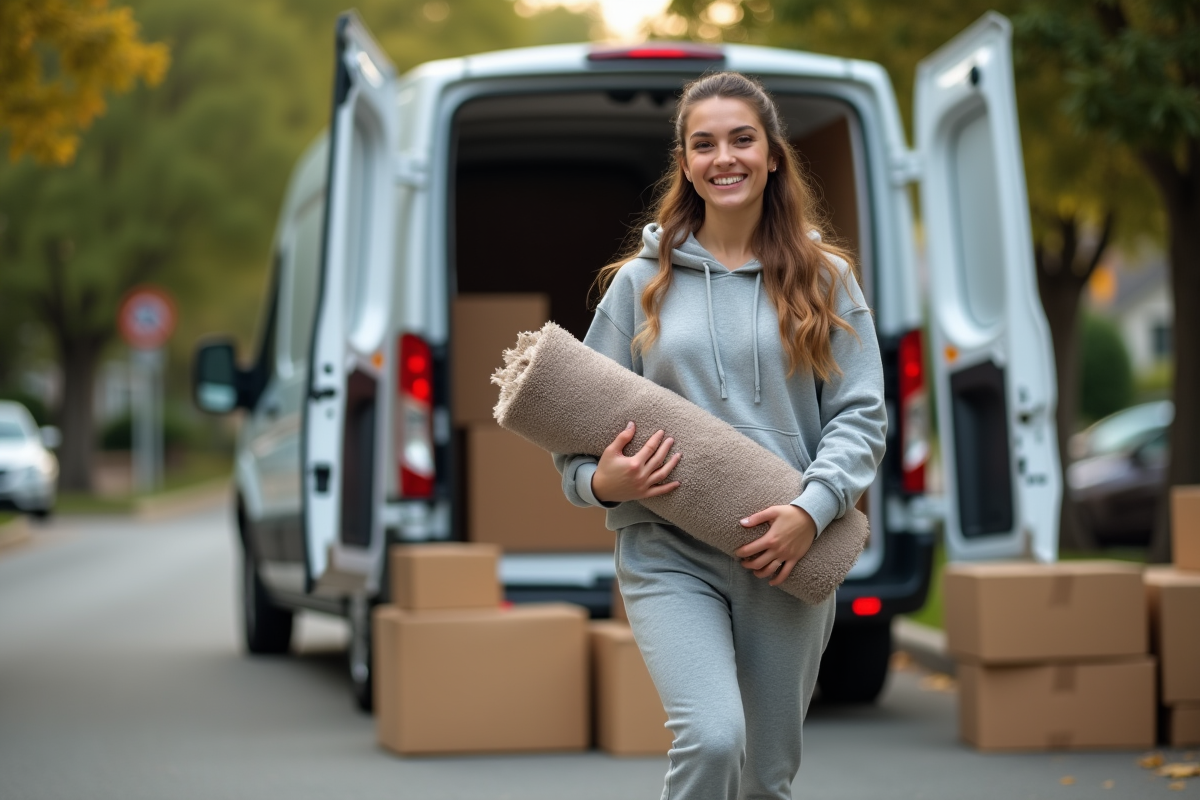 Jeune femme souriante avec tapis roulant devant un van