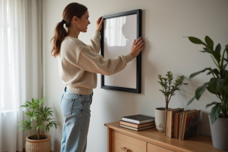 Femme posant des cadres sur un mur intérieur cosy