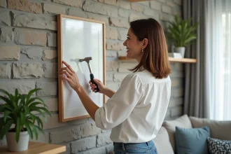 Femme arrangeant des œuvres d'art sur un mur en pierre