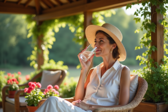 Femme détendue dans un jardin en été avec chapeau en paille