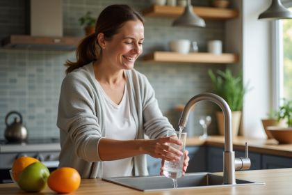 Femme versant de l'eau filtrée dans une cuisine moderne