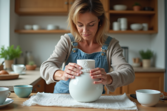 Femme emballant une porcelaine délicate dans la cuisine