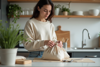 Femme emballant des verres en tissu dans une cuisine moderne