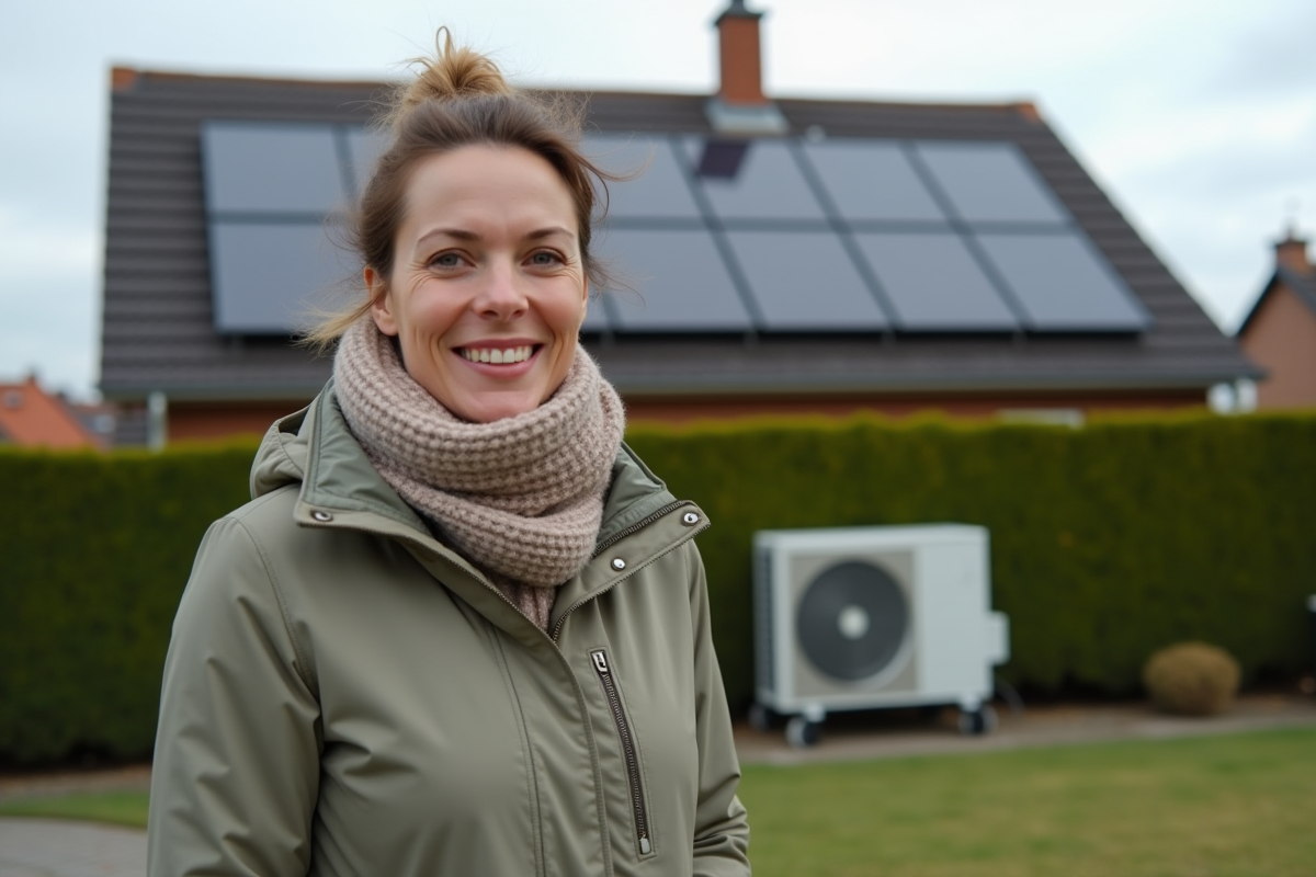 Femme devant une maison avec panneaux solaires et pompe à chaleur