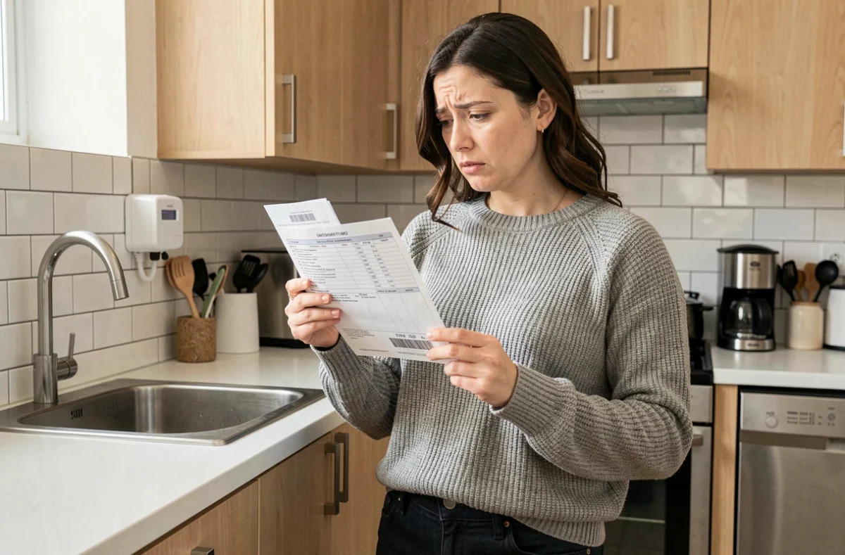 Femme consultant sa facture d'énergie devant un sous-compteur installé dans une cuisine d'appartement moderne