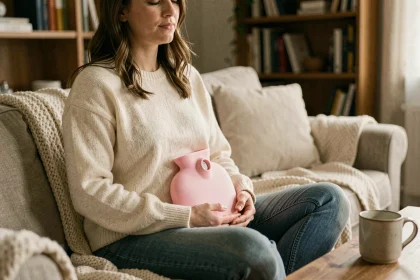 Femme tenant une gourde chauffante électrique rose contre son ventre, assise sur un canapé dans un salon cosy