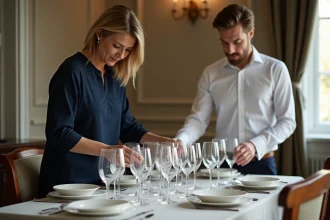 Femme et jeune homme préparant des verres pour un dîner élégant