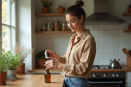 Femme versant des huiles essentielles dans un flacon en cuisine