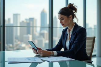 Jeune femme professionnelle en bureau avec tablette immobilière