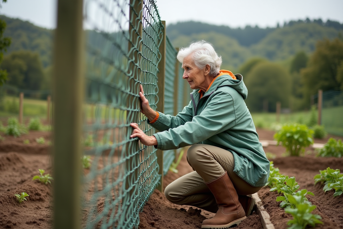 Femme âgée installant une clôture à mailles pour déer