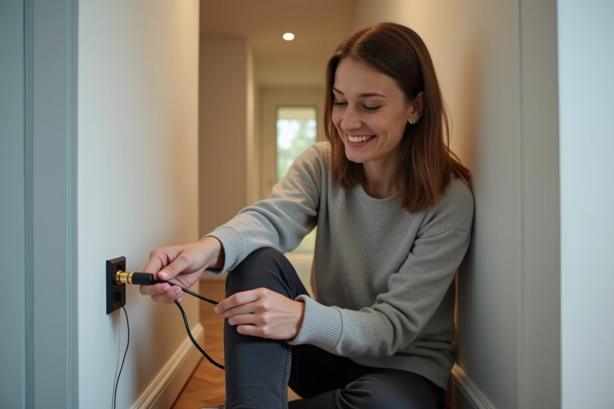 Femme connecte un câble coaxial dans le couloir