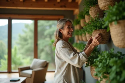 Femme souriante dans une maison écologique avec jardin vertical