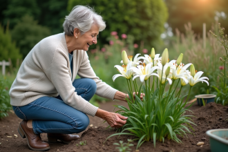 Femme d'une cinquantaine de ans dans un jardin avec des lys en fleurs
