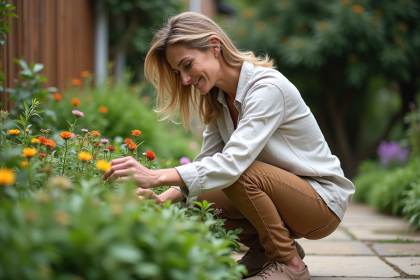 Femme en jardinage avec plantes fleuries et arbustes