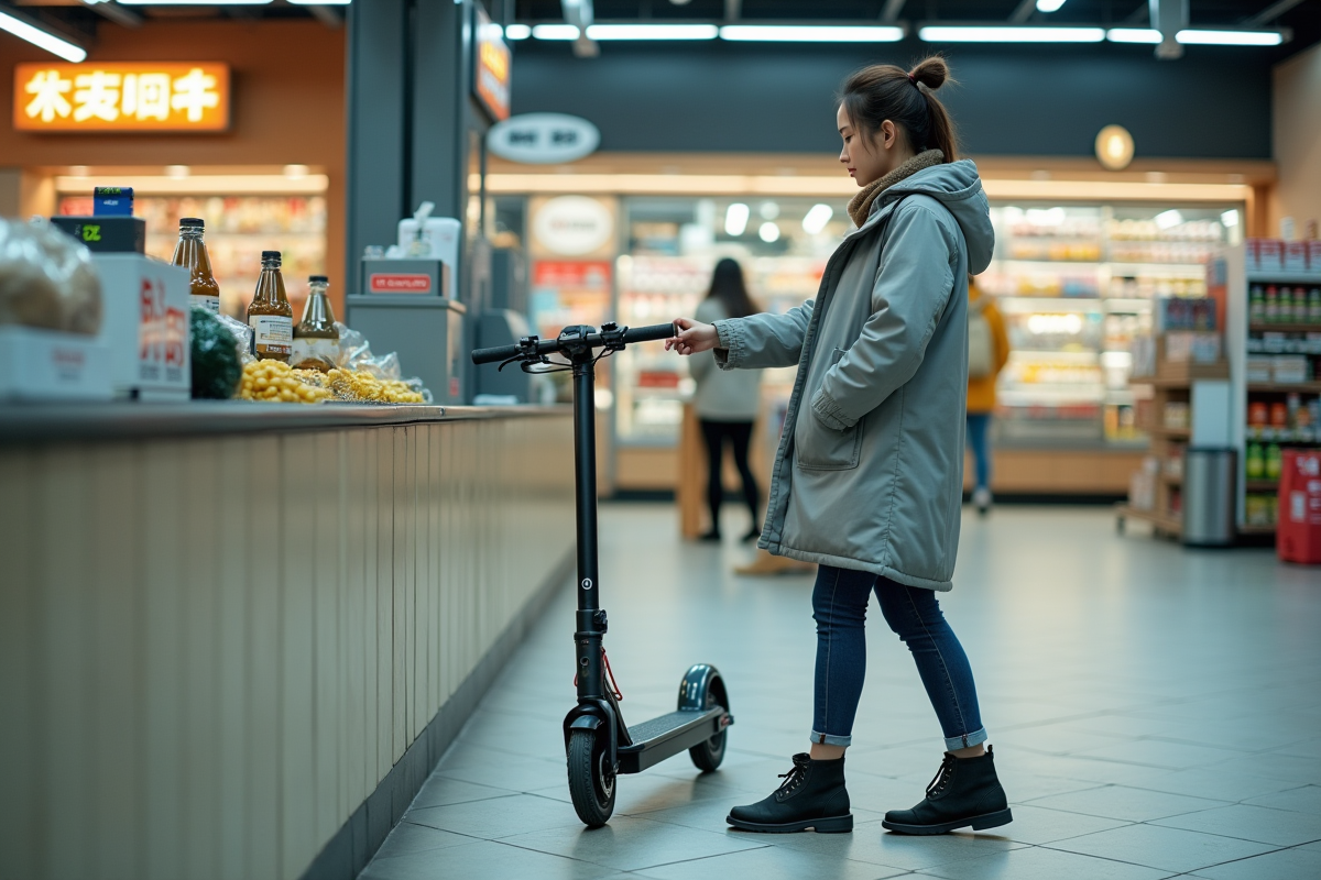 Femme verrouillant son scooter électrique dans un magasin urbain