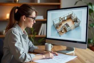 Femme utilisant un logiciel d'aménagement intérieur sur ordinateur avec des plans de maison étalés sur son bureau à domicile