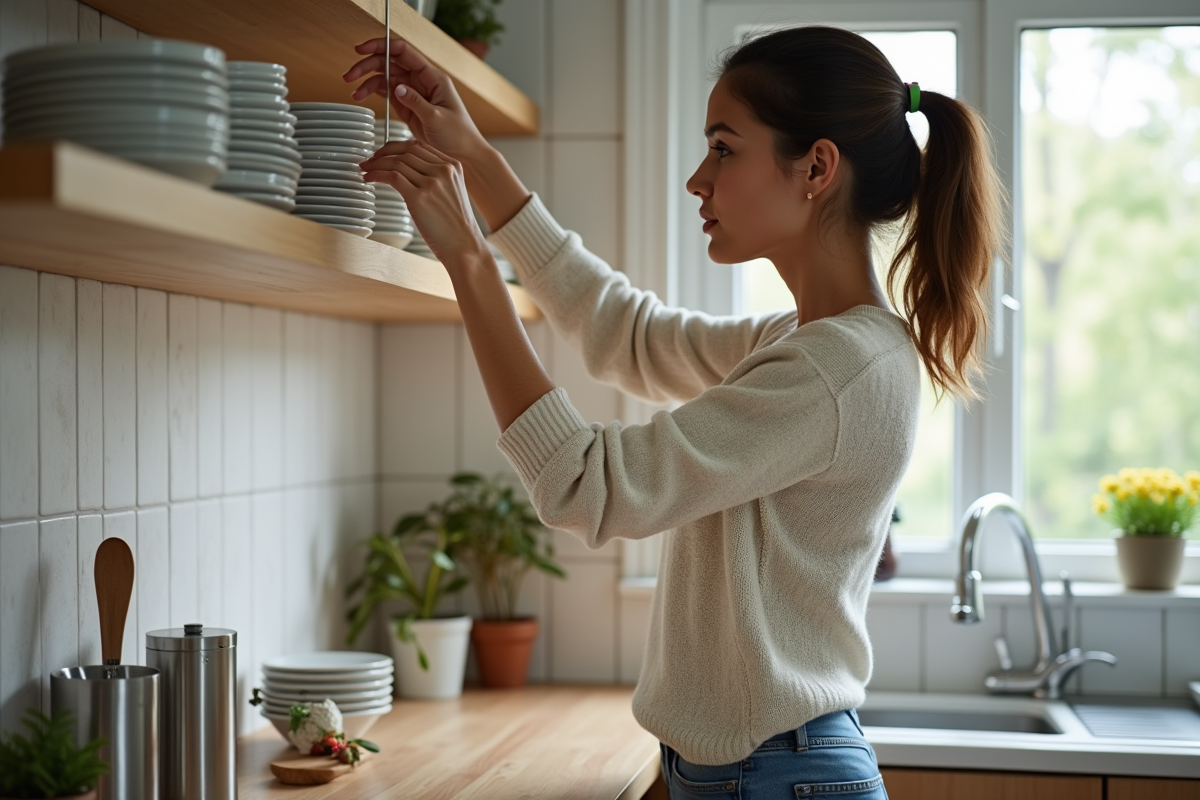 Jeune femme mesurant une étagère de cuisine avec sa main
