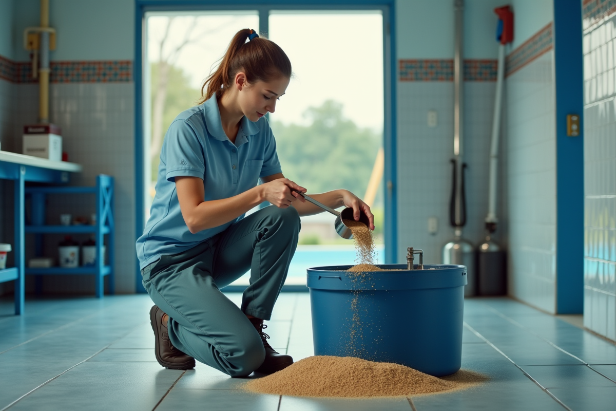 Jeune femme mesurant media dans filtre de piscine intérieur