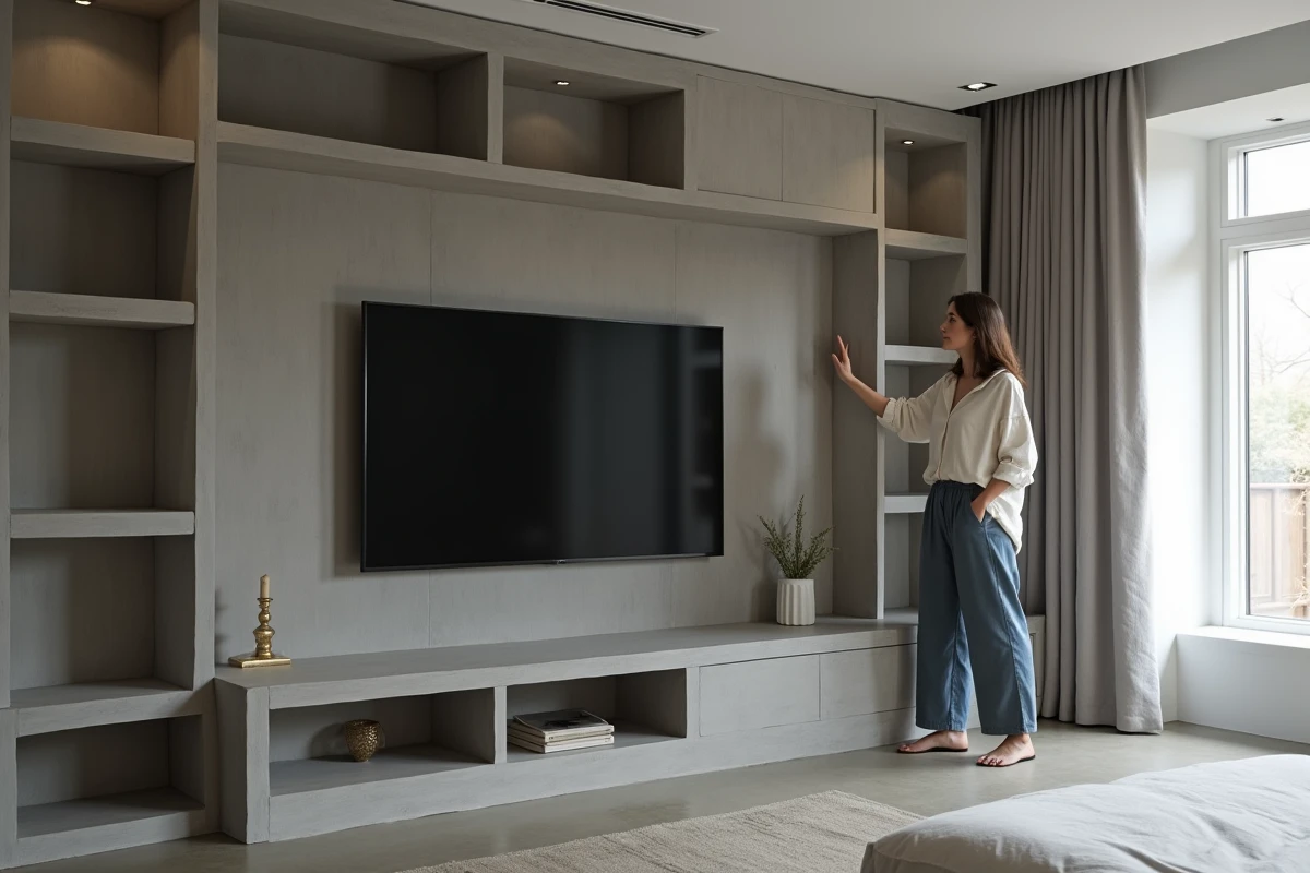Femme debout devant un mur TV en placo sur mesure dans un appartement contemporain au style minimaliste