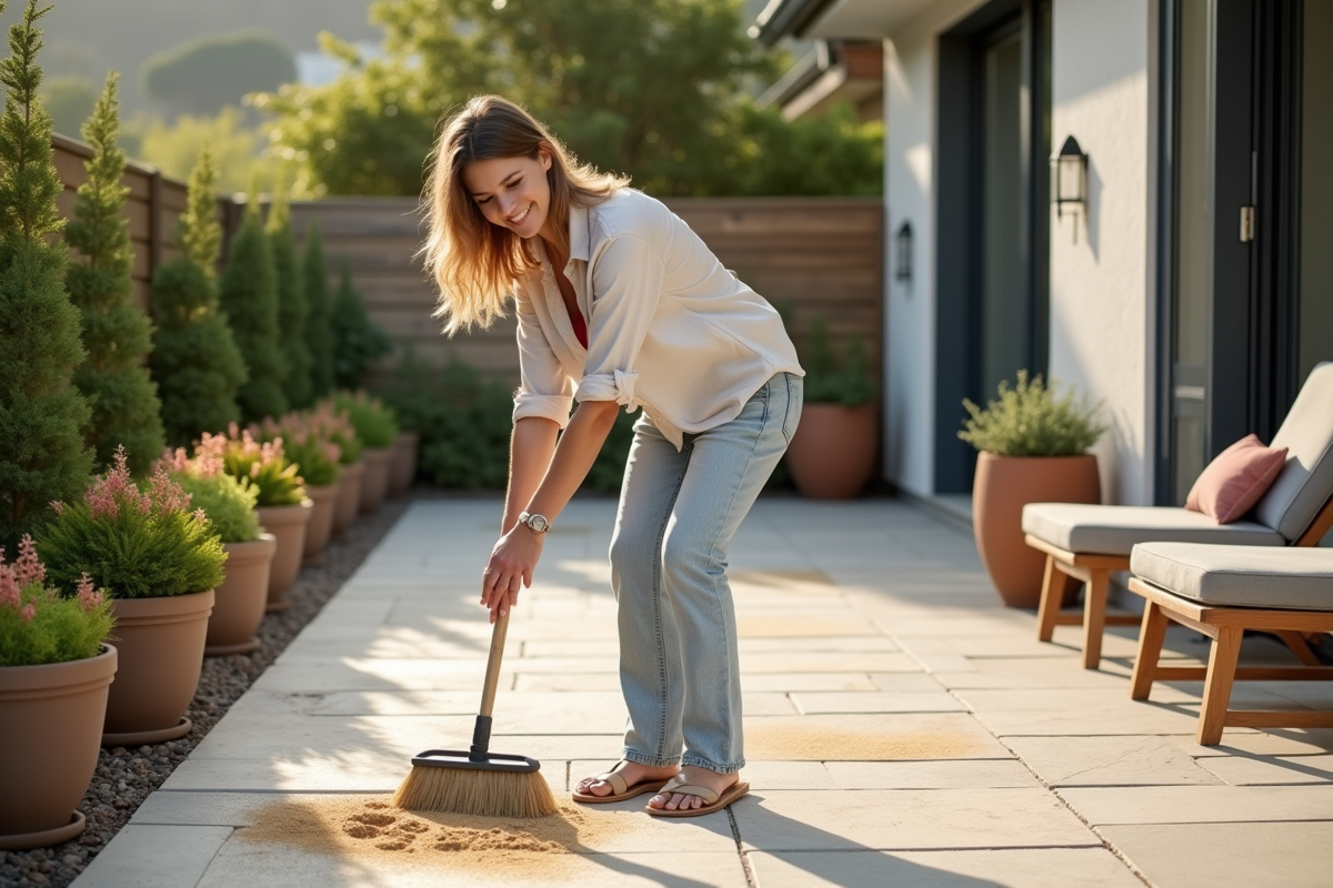 Jeune femme nettoyant une terrasse extérieure avec un balai