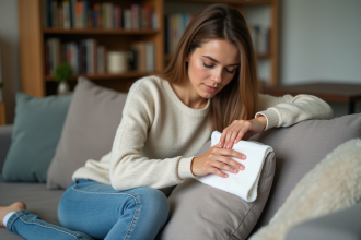 Jeune femme nettoyant un canapé en tissu avec un chiffon