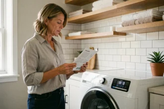 Femme lisant la notice d'un lave-linge Whirlpool 6th Sense 9kg dans une buanderie moderne