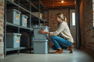 Femme organisée dans une buanderie en jeans et pull
