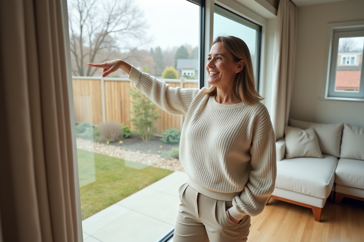 Femme souriante regardant la toiture neuve depuis la fenêtre
