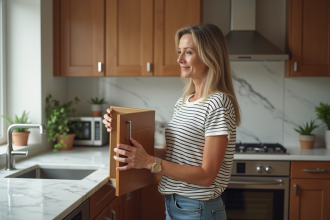 Femme inspectant une porte de cuisine détachée dans une cuisine moderne