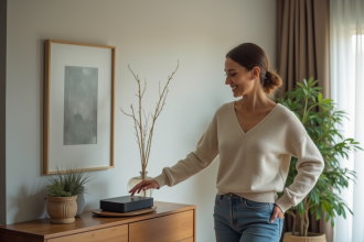 Jeune femme interagissant avec un hub domotique moderne