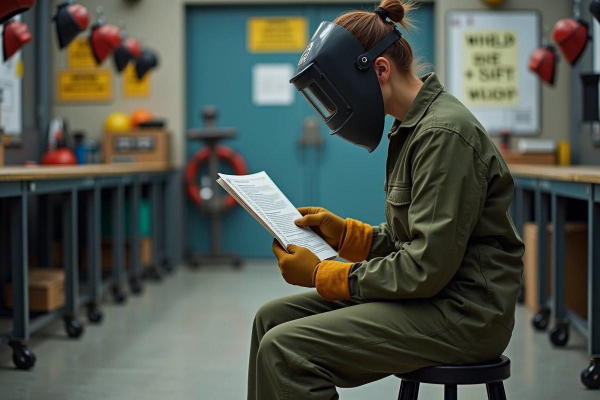 Femme soudeuse en combinaison ignifugée consultant une fiche de sécurité dans un atelier de formation professionnelle